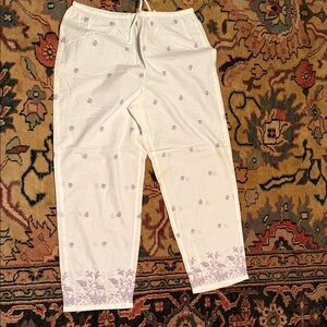 White Pants with  embroidered Purple Floral Design stretches to 44”